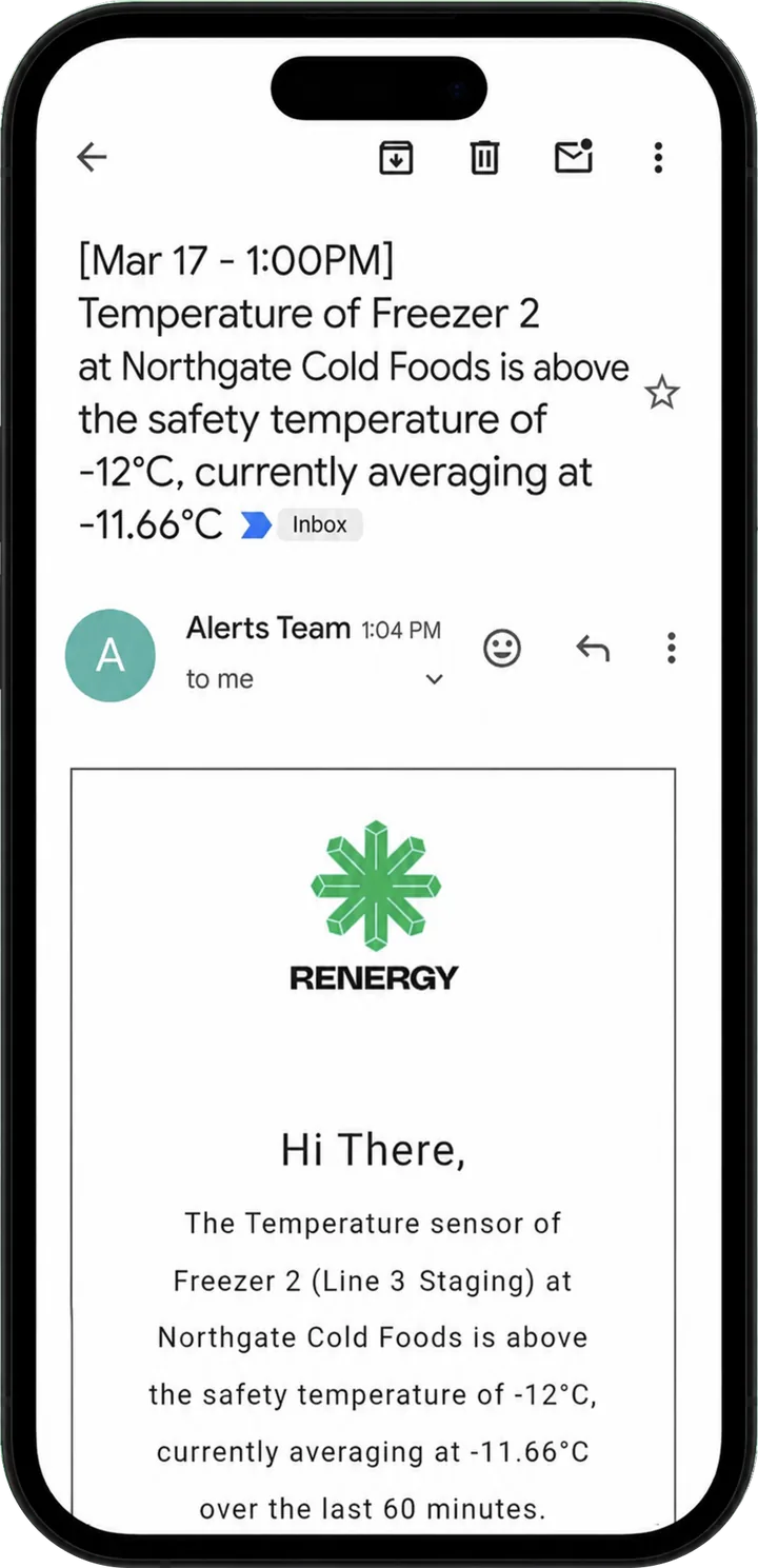 Email alert notifying that a freezer is above its safety temperature