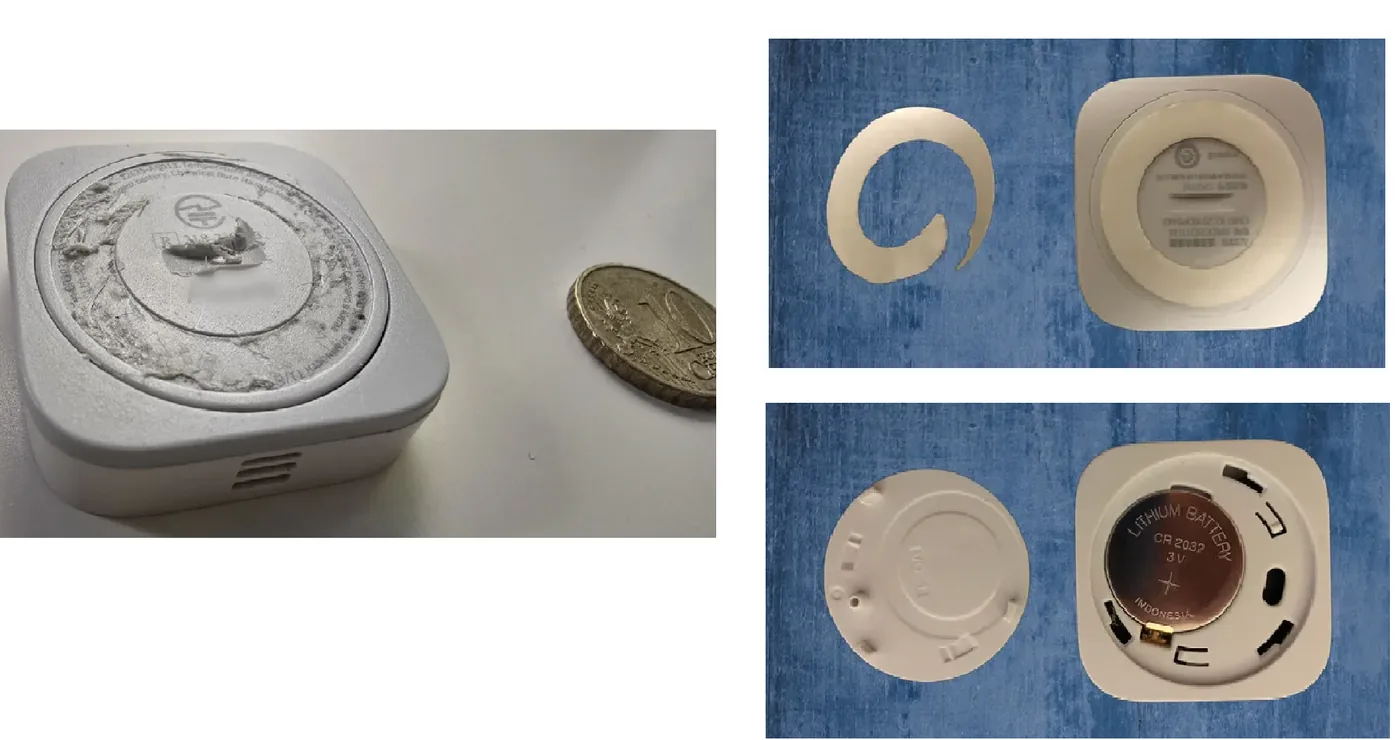 On the left, a small square consumer temperature sensor lifted out of a freezer with frost across its whole top face, next to a coin for scale. On the right, the same style of sensor taken apart, showing the back cover off and a CR2032 coin cell sitting in its holder.