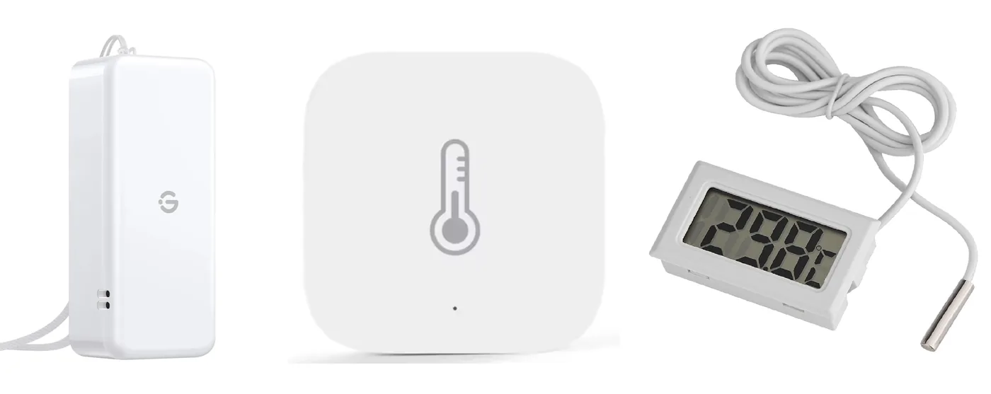 Three consumer temperature sensors on a plain white background. On the left a rectangular white case with a thin probe lead, in the middle a square white sensor with a thermometer symbol on its face, and on the right a small rectangular digital display panel showing a temperature reading with a coiled white probe lead.