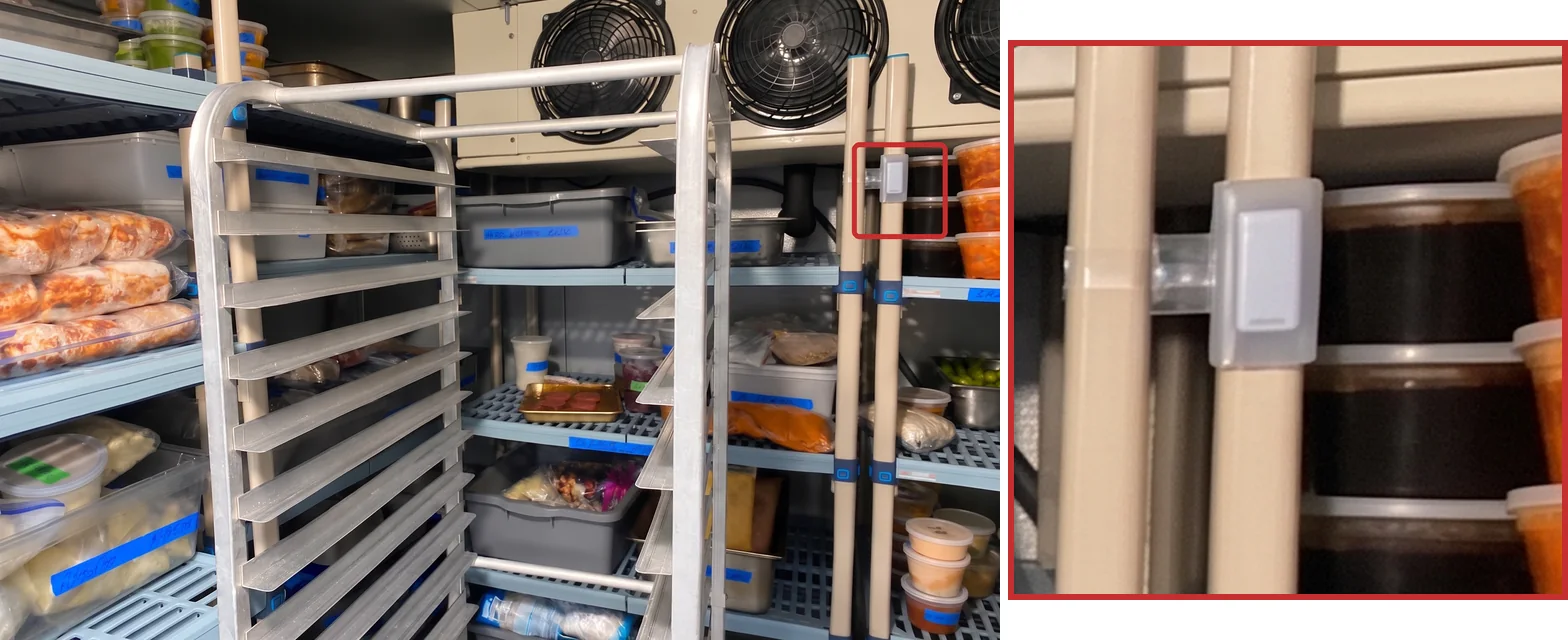 Two panels. On the left, the inside of a loaded walk-in cooler with an evaporator and its fans above, wire shelving stacked with labelled containers, and a red outline marking a small white sensor clipped to a shelving upright. On the right, a close view of that sensor in its bracket on the upright, with stacked food containers behind it.