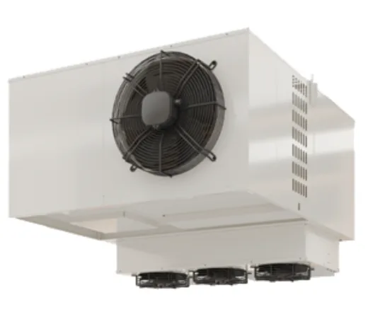 A ceiling-mount packaged refrigeration unit. The upper section, with one large fan, sits on the roof of the walk-in. The lower section, with three small fans, hangs down into the box through an opening in the ceiling.