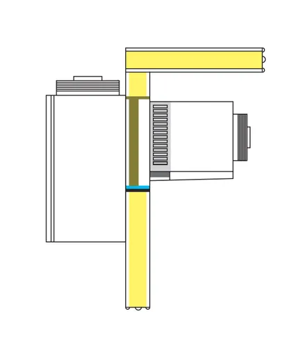 Side-view drawing of a wall-mount packaged unit set through an insulated wall panel. The condensing section hangs on the outside face of the wall, and the evaporator section, with its coil and fan, projects into the box just under the ceiling.
