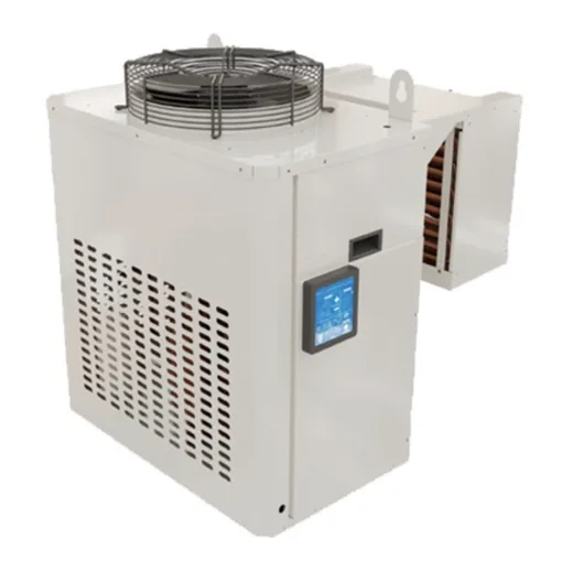 A wall-mount packaged refrigeration unit. The condensing section, with a fan on top, side vents and a small control panel, hangs on the outside of the wall. The evaporator section, with its copper coil, sticks out of the back into the box.