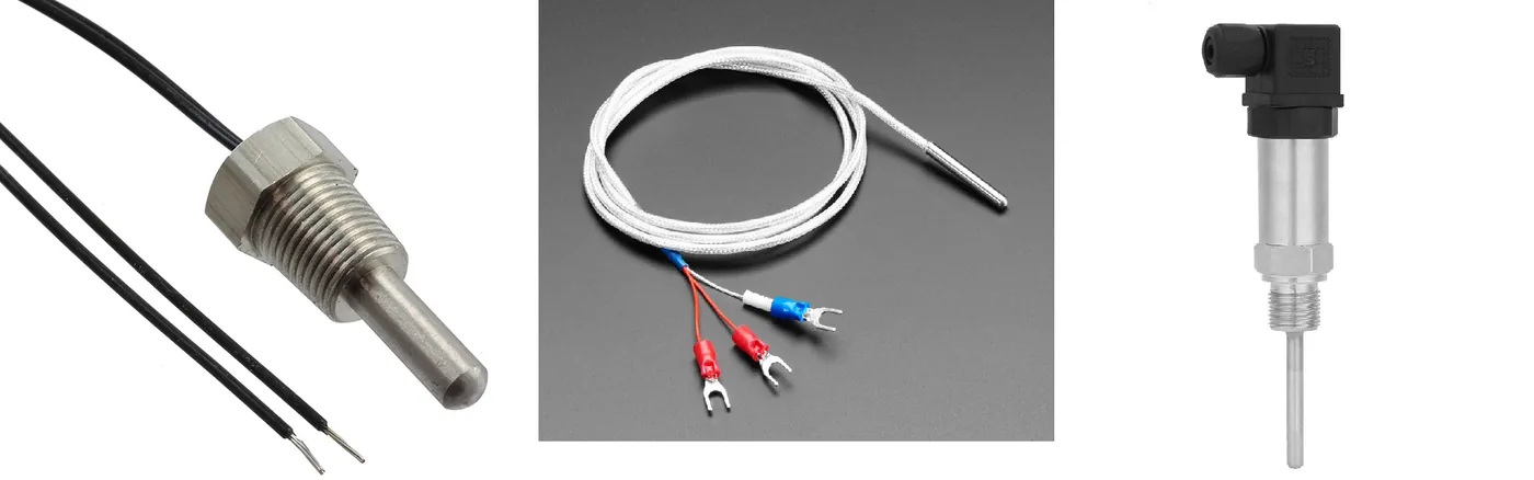 Three real parts side by side. On the left a thermistor probe: a short stainless steel stem with a threaded brass fitting and two black wires. In the middle a platinum RTD: a thin steel tip on a long white fibreglass lead with three coloured wires and spade terminals. On the right a 4-20 milliamp transmitter: a stainless stem under a black plastic head with a right angle plug on top.