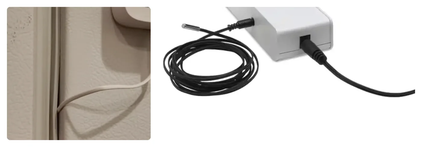 Two photographs. Left: a thin lead pushed through a fridge door gasket, holding the seal open. Right: a white mains-powered monitor with a probe plugged into the side and a power cable in the end.