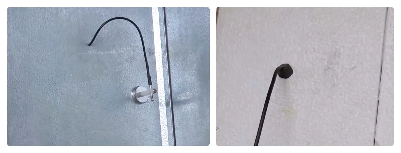 Two stills. Left: a black probe lead through a walk-in metal skin, with a round grommet on the wall. Right: a probe lead sealed with a blob of putty, already staining the panel.