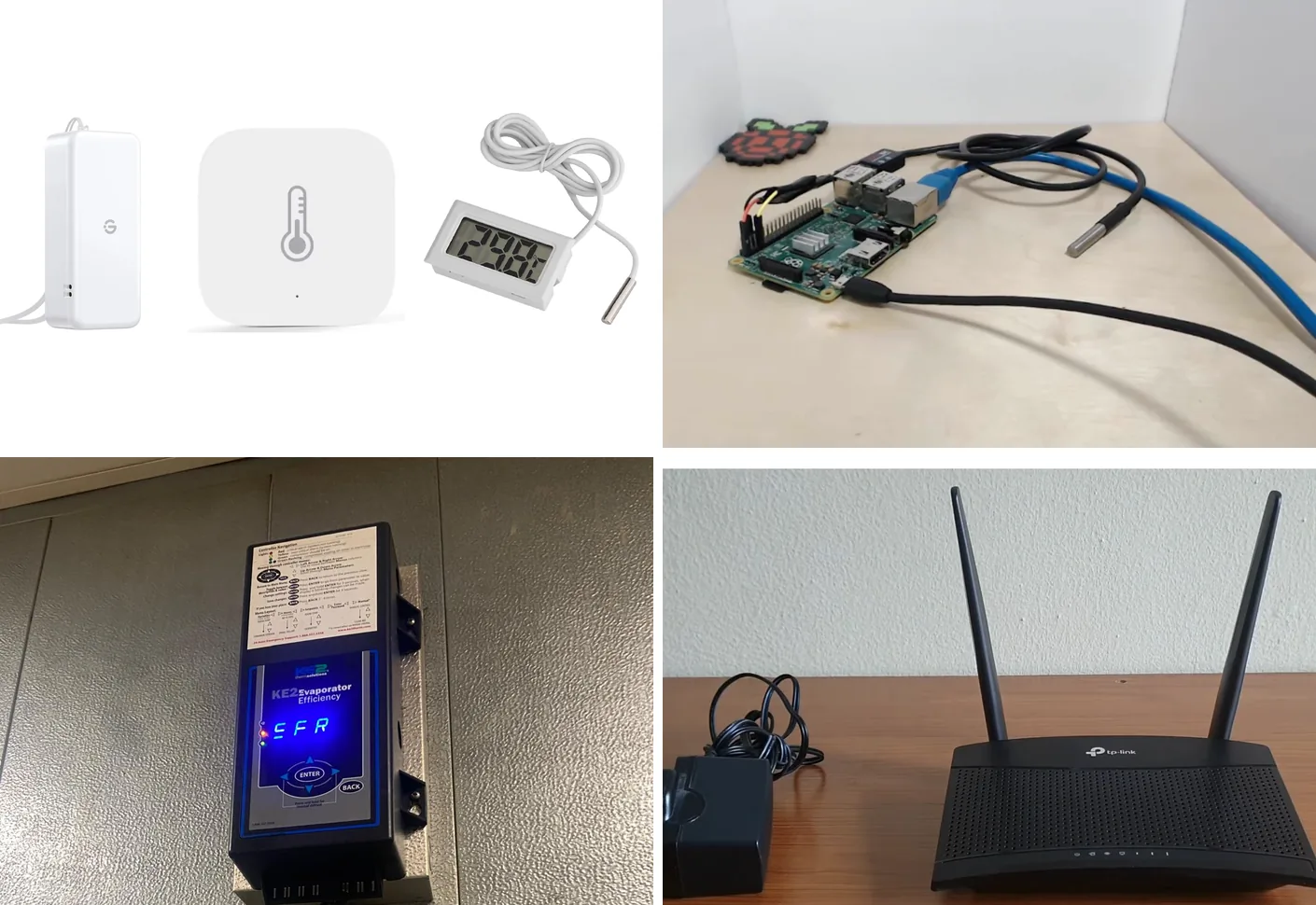 Four photographs in a grid. Top left, three white consumer temperature sensors on a plain background. Top right, a bare Raspberry Pi board on a bench with a stainless probe wired to it. Bottom left, a refrigeration controller mounted on a walk-in wall with its display lit. Bottom right, a black router with two upright antennas on a desk.