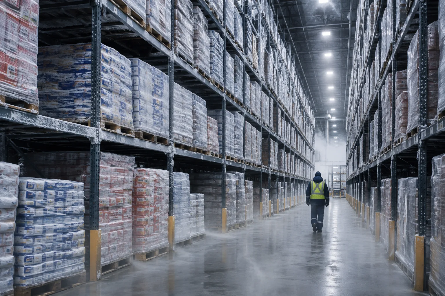 Pallets of frozen product stacked in an industrial cold storage warehouse
