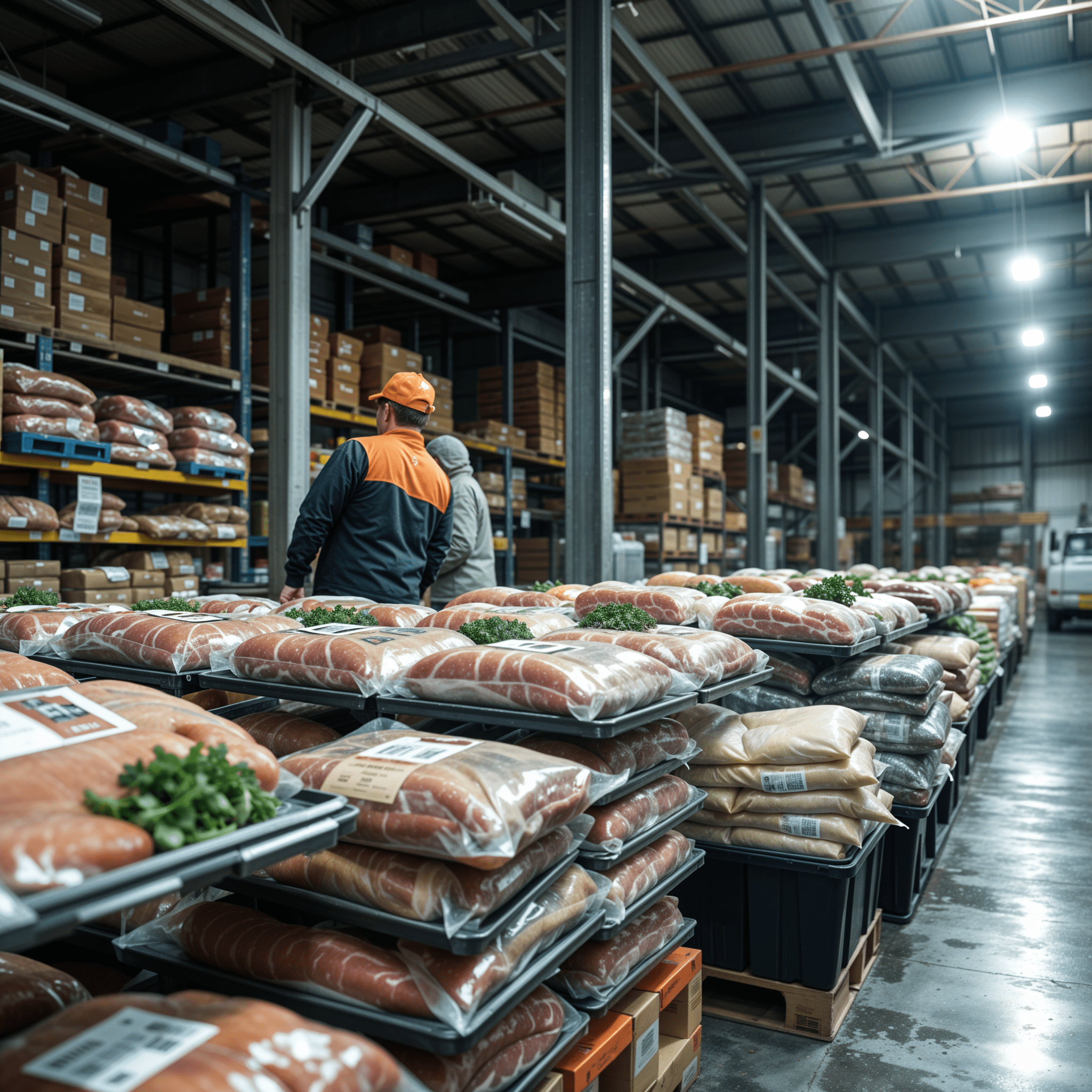 Workers moving packaged food in a cold storage warehouse