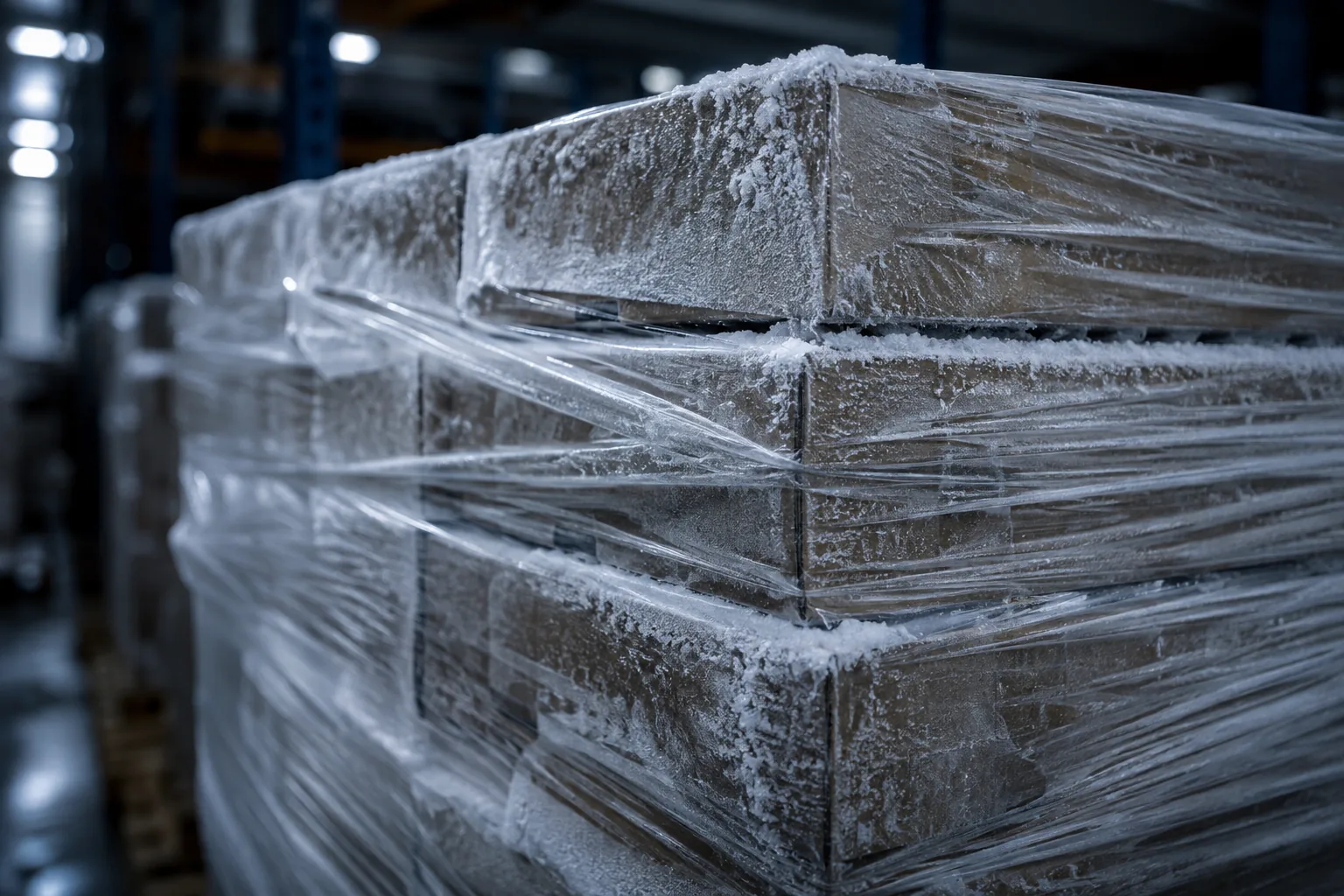 Frozen product on pallets in cold storage