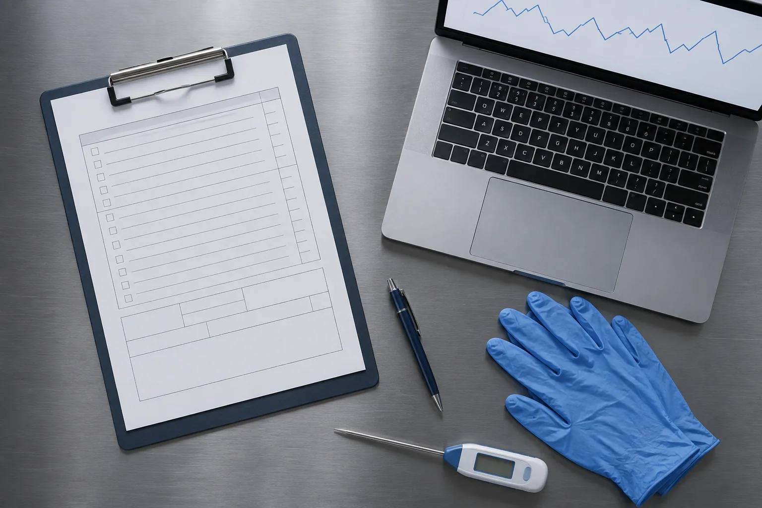 Food safety audit documentation and temperature probe on a stainless steel surface