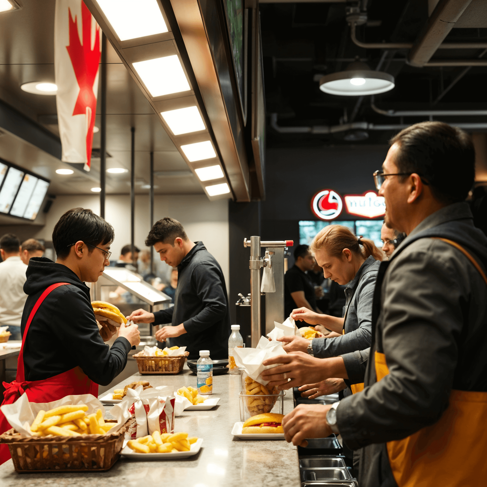 Restaurant kitchen staff preparing food orders