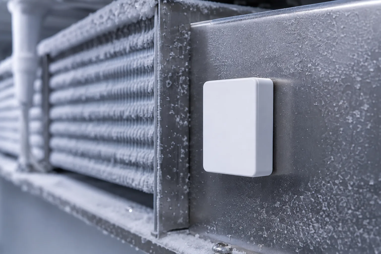 Wireless temperature sensor mounted on an evaporator unit inside a commercial freezer