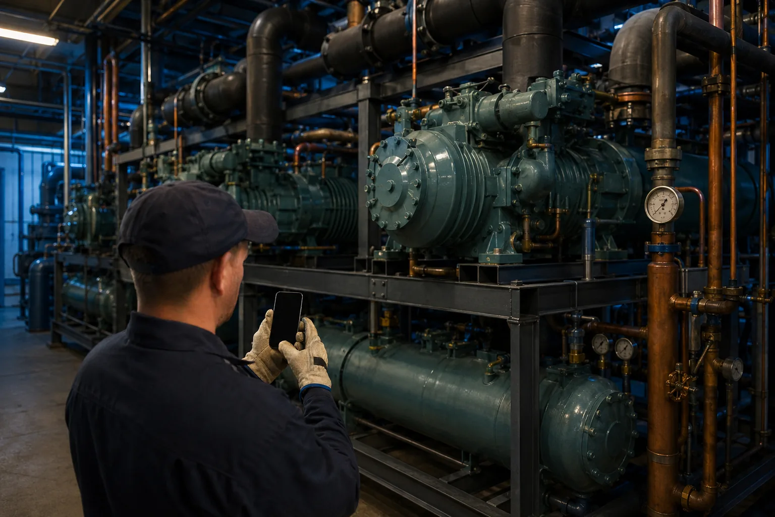 Refrigeration technician checking an alert on a phone in a compressor machine room